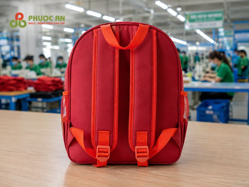 Mặt sau balo Trường mầm non Tân Mỹ với quai đeo trợ lực
