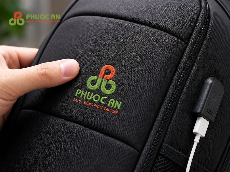 In thêu logo nổi bật trên balo có cổng sạc USB quà tặng