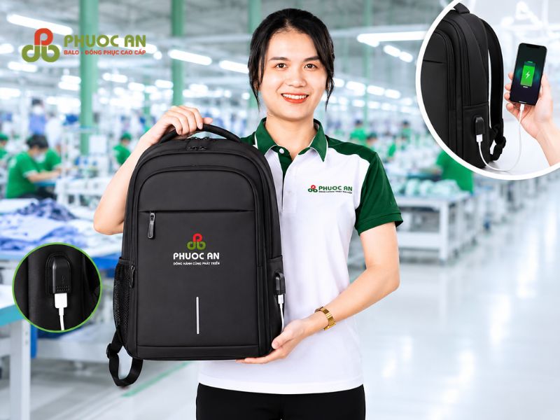 Xưởng may balo Phước An sản xuất balo có cổng sạc USB uy tín